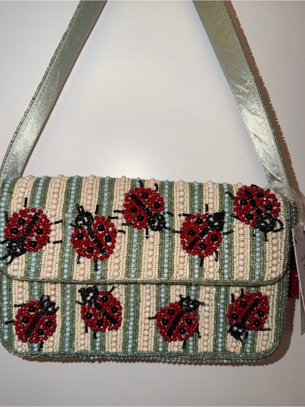 Beaded Ladybug Accent Shoulder Bag - Green and Cream